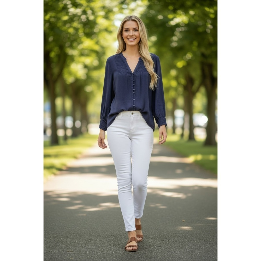 Anthropologie Maeve Navy Smocked Button Front Blouse Flowy Long Sleeve S NWOT